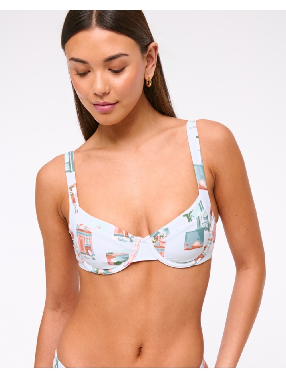Wide strap Underwire Bikini Top in White with Pastel Print